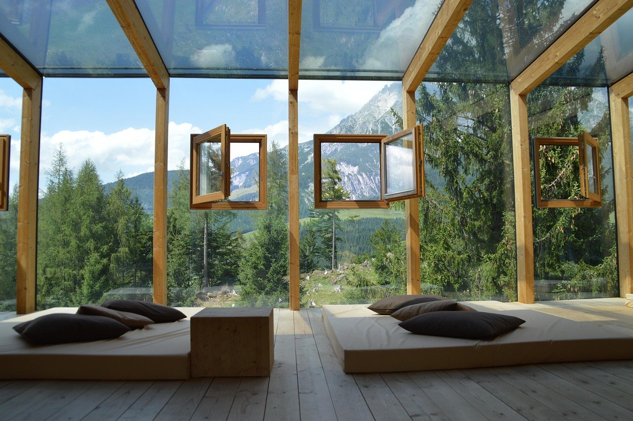 window, house, nature, inside, wood, luxury, architecture, glass, summer, room, good weather, hotel, modern, mountain hotel, hiking destination, modern art